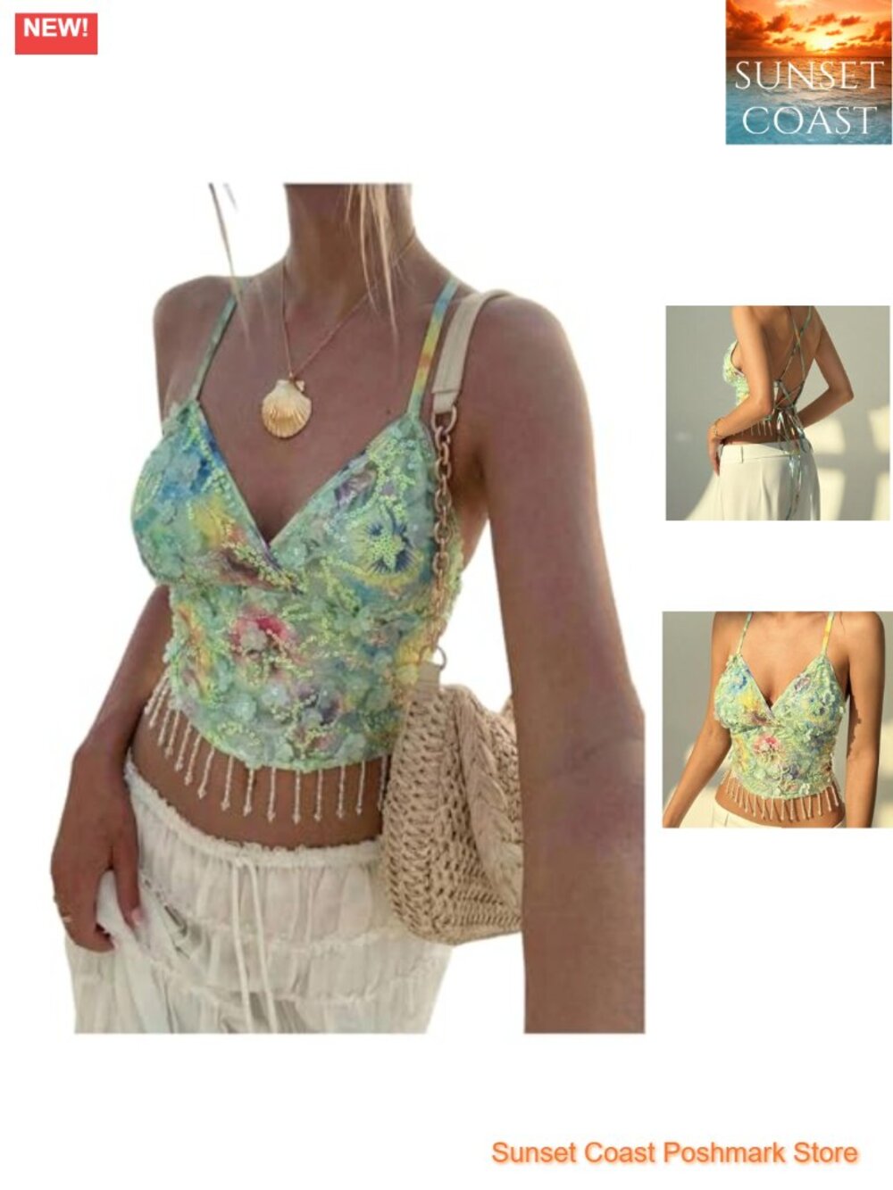 Sequin Halter Camisole Top Fringe Open Back Festival Rave